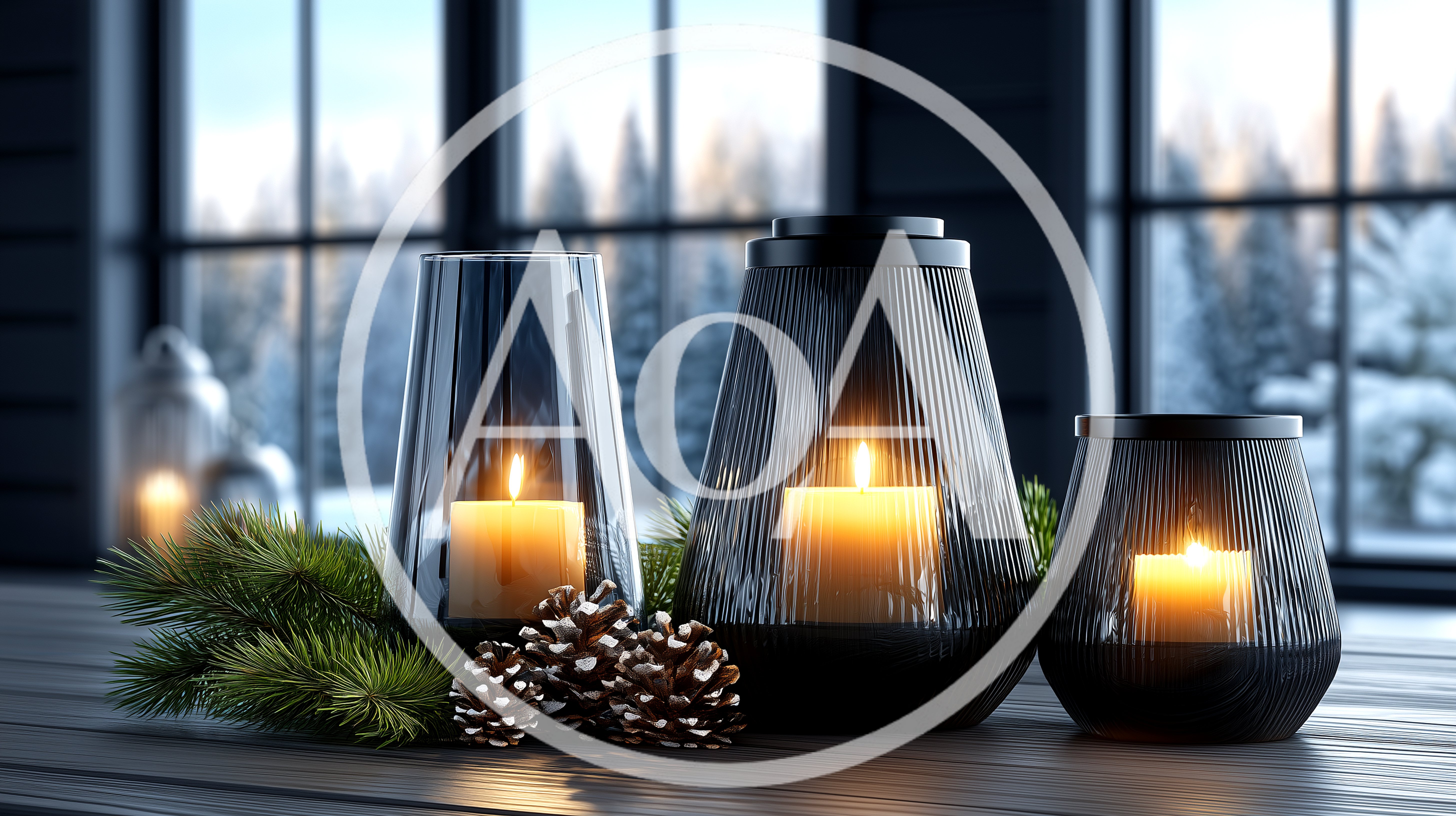 Three Lit Candles In Glass Lanterns With Pine Decor