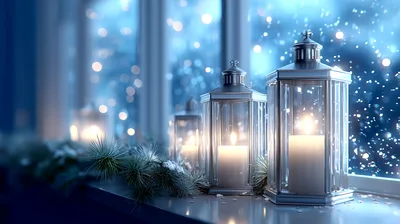 Christmas Lanterns With Candles On A Snowy Window Sill