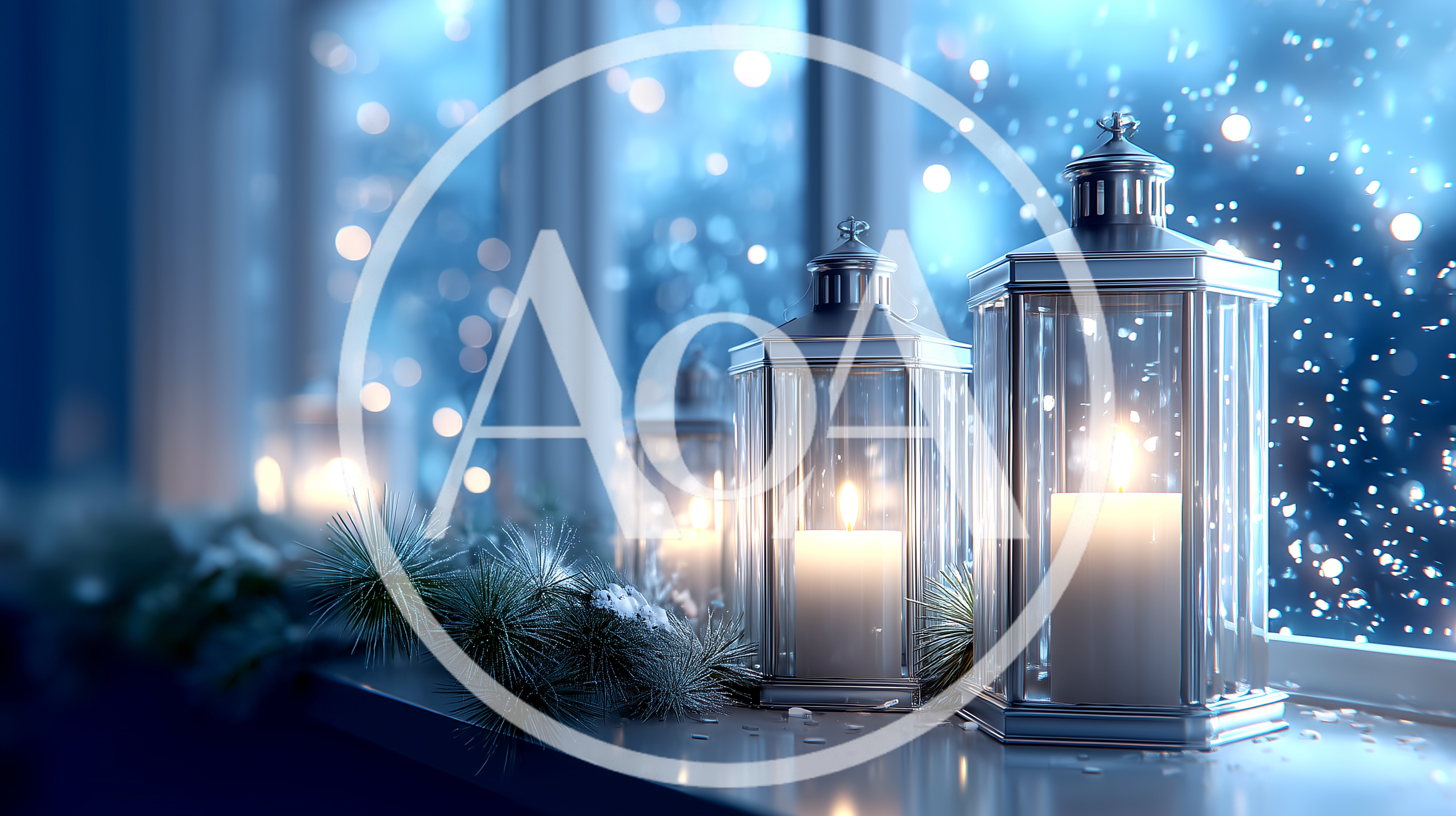 Christmas Lanterns With Candles On A Snowy Window Sill