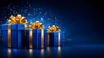 Three Blue Gift Boxes With Gold Ribbons
