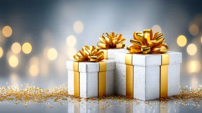 Two White Gift Boxes With Gold Ribbons