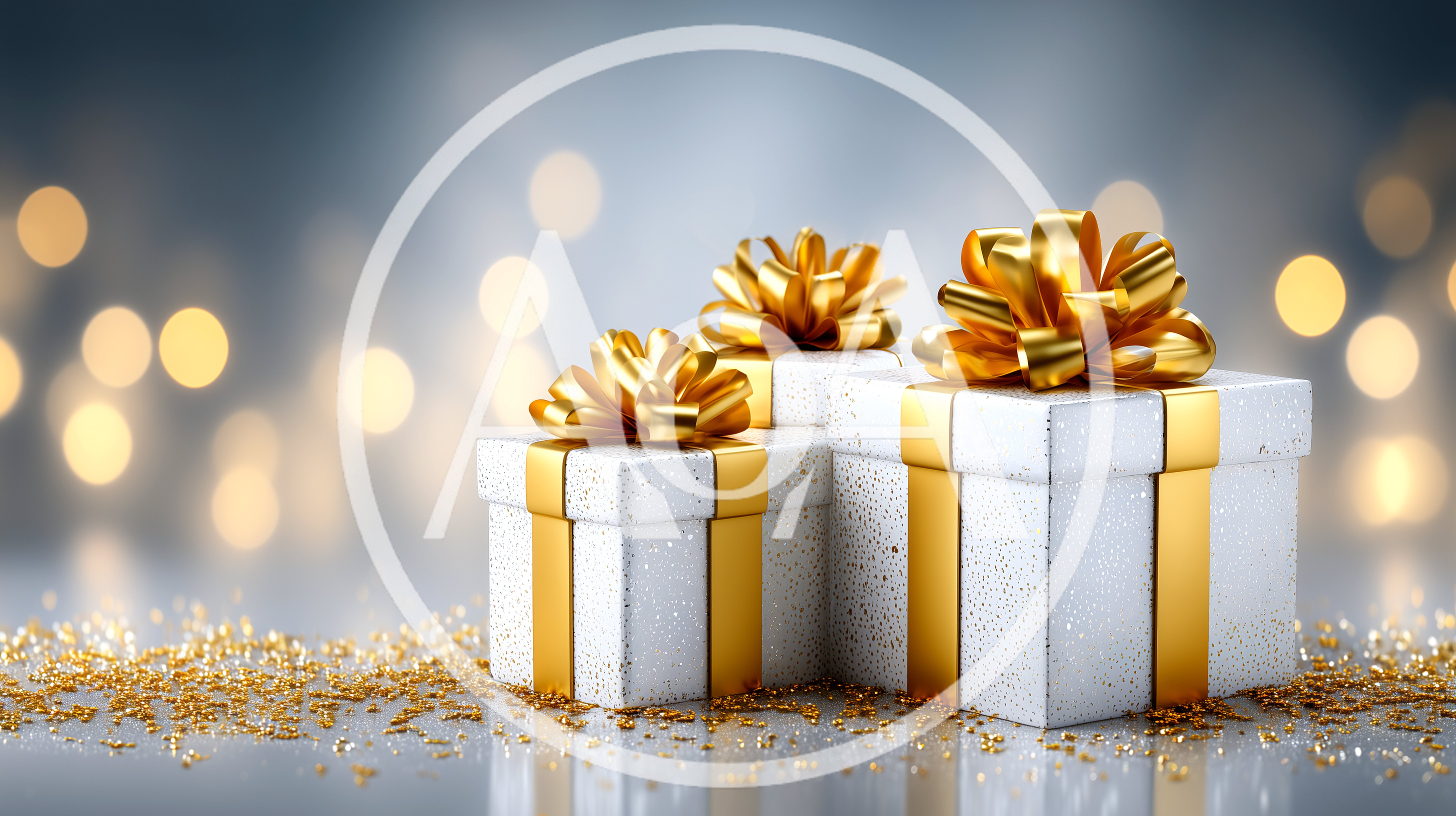 Two White Gift Boxes With Gold Ribbons