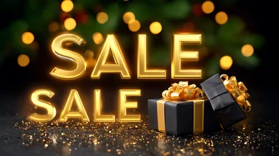 Golden Sale Text With Black Gift Boxes