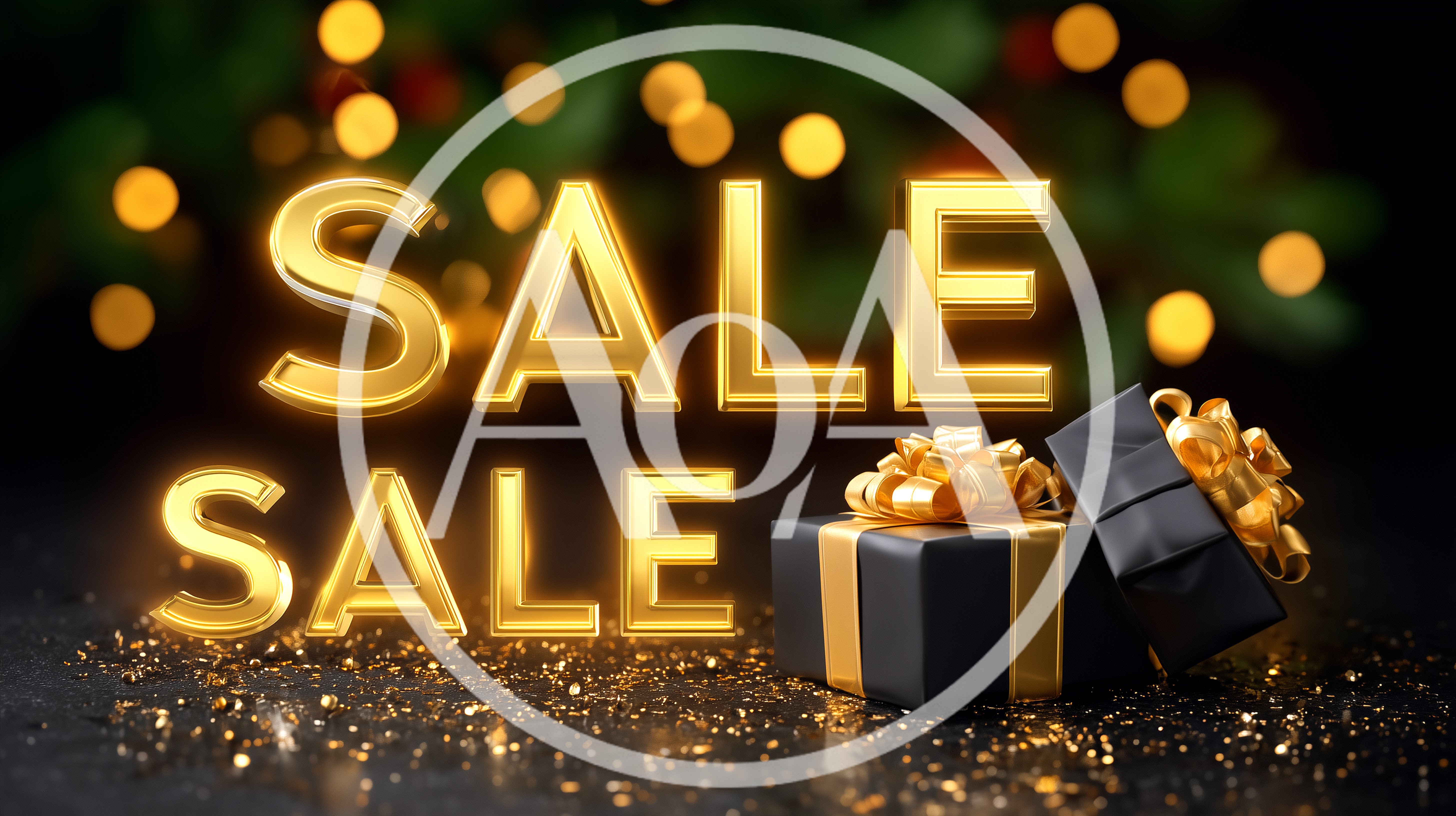 Golden Sale Text With Black Gift Boxes