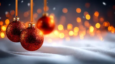 Red Glitter Christmas Ornaments Hanging Over Snow