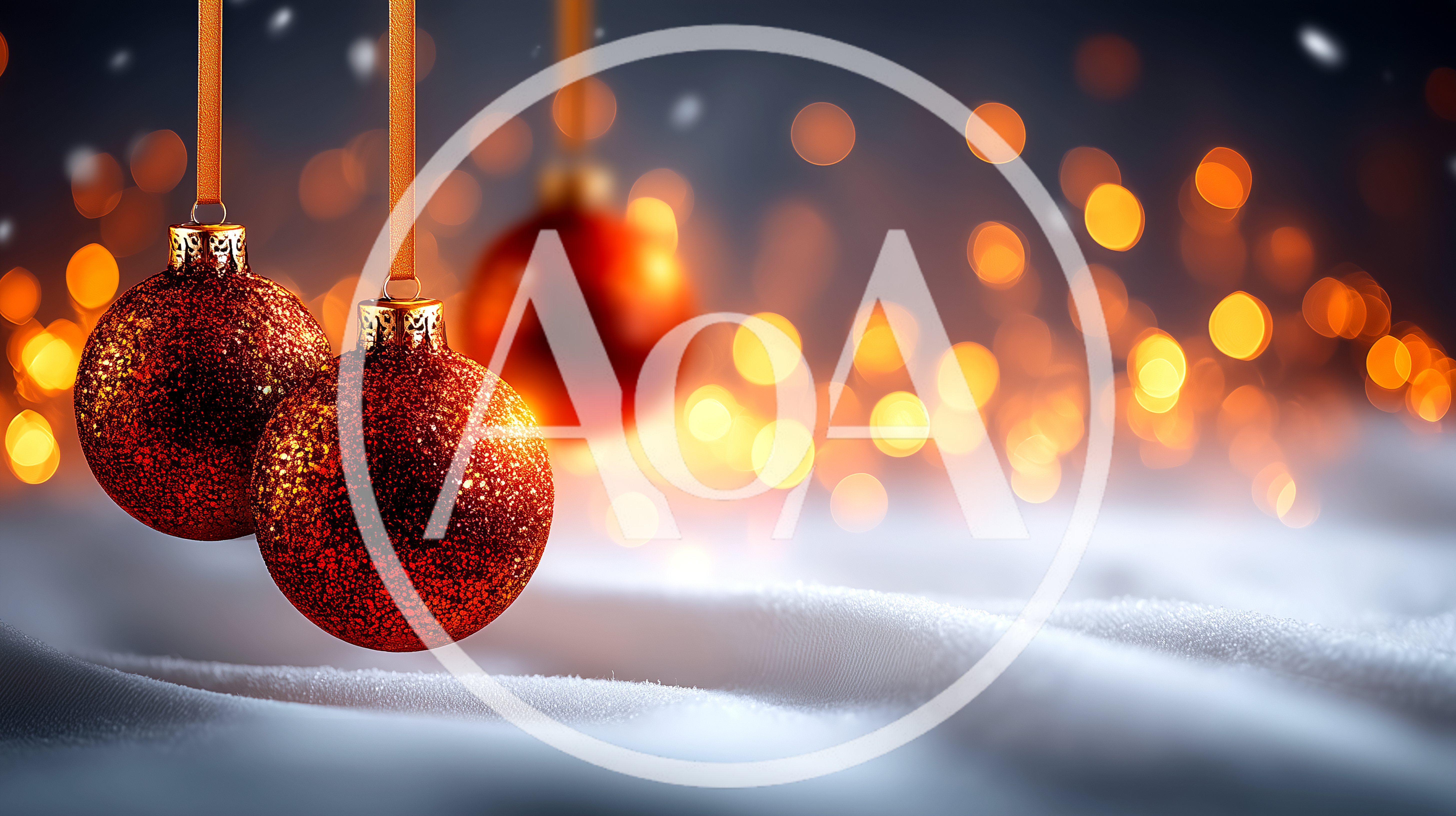 Red Glitter Christmas Ornaments Hanging Over Snow