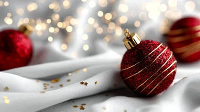 Red Christmas Ornaments On White Fabric With Gold Confetti