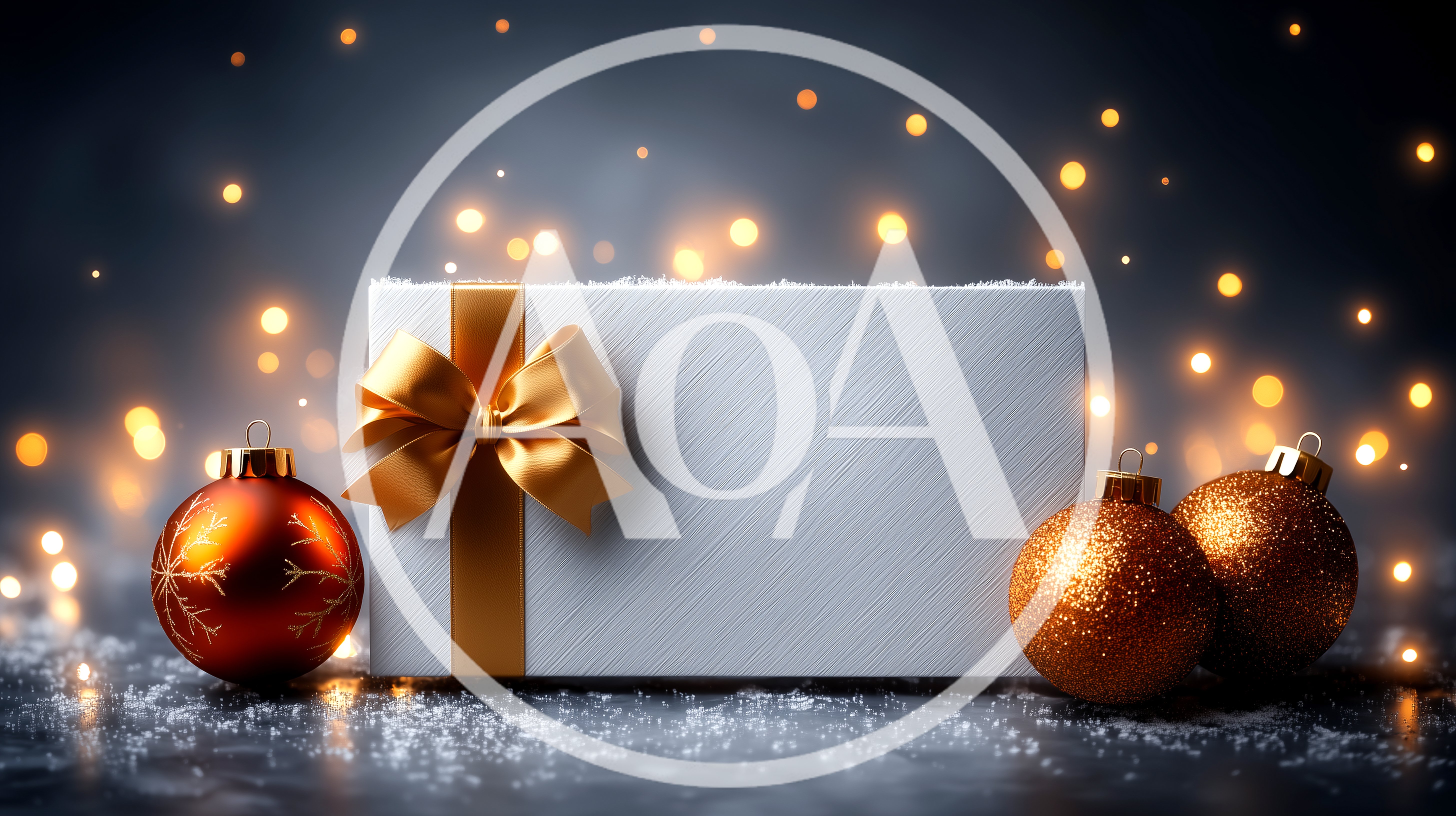 White Gift Box With Gold Ribbon And Christmas Ornaments