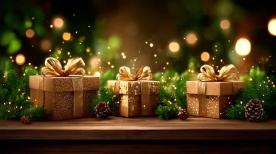 Three Golden Christmas Gift Boxes On Wooden Table
