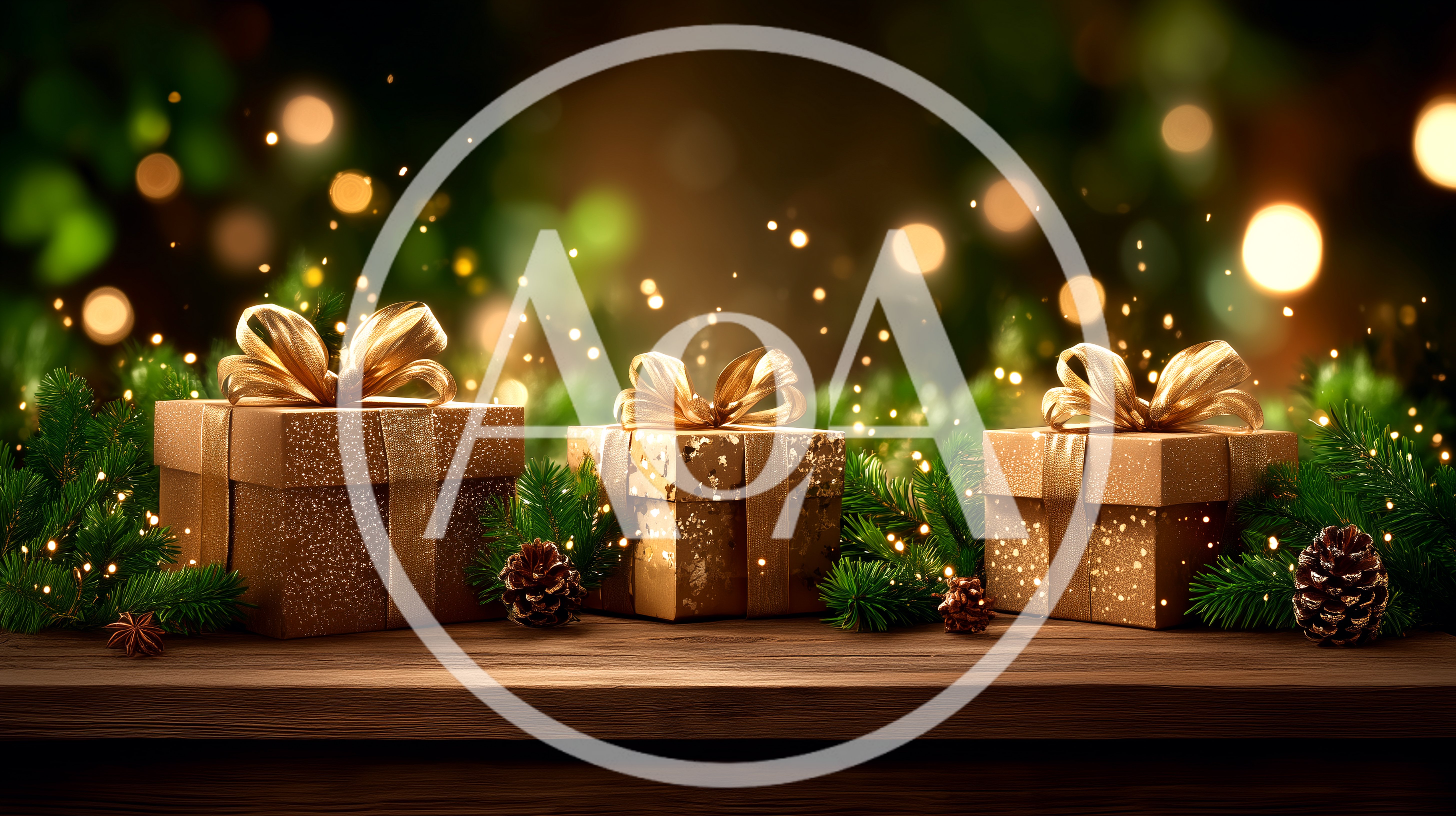 Three Golden Christmas Gift Boxes On Wooden Table