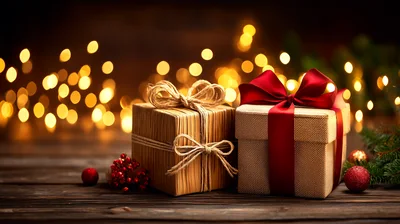 Two Wrapped Christmas Gift Boxes on Wooden Table
