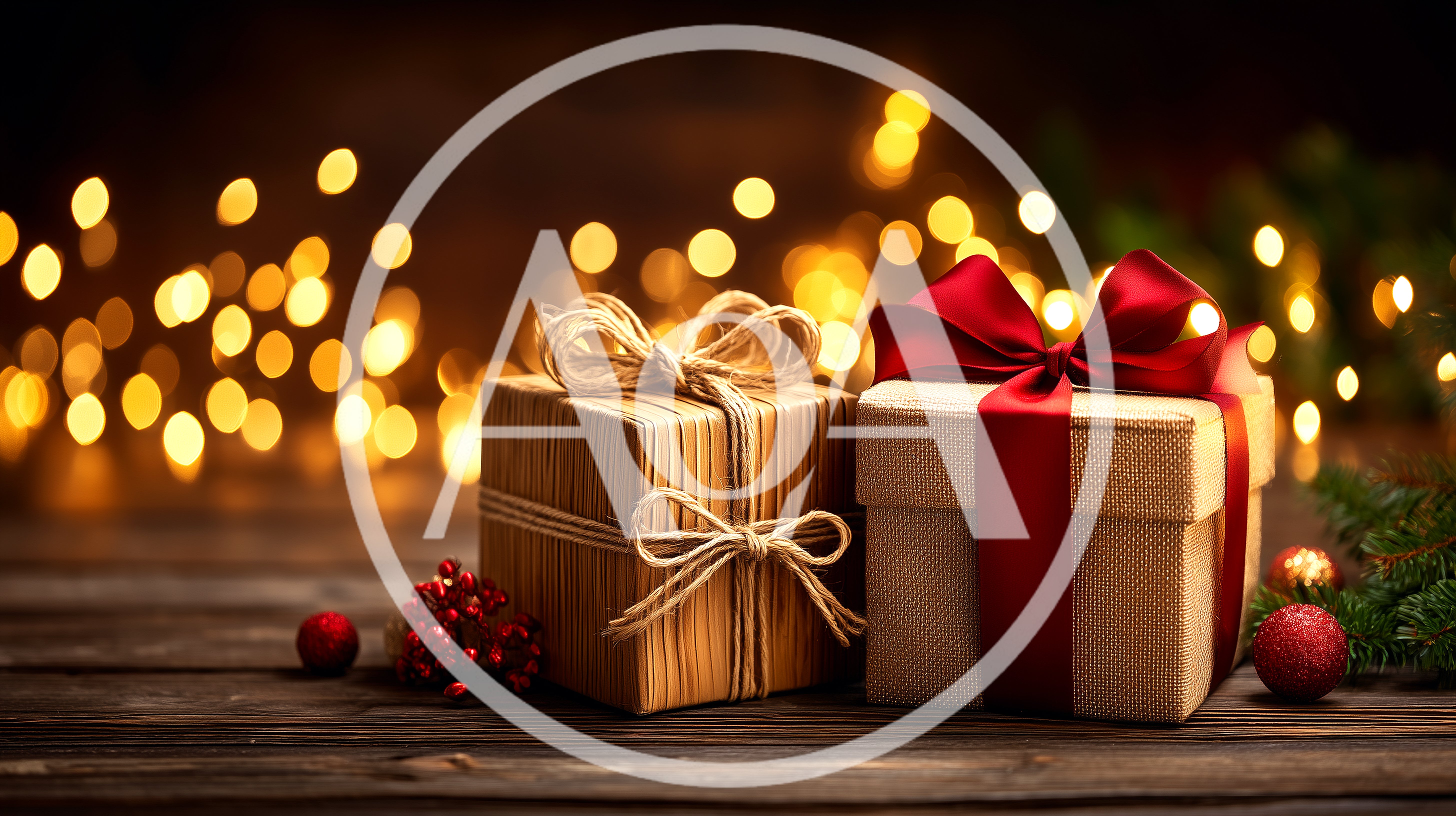 Two Wrapped Christmas Gift Boxes on Wooden Table