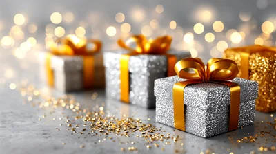 Silver Glitter Gift Boxes With Gold Ribbons