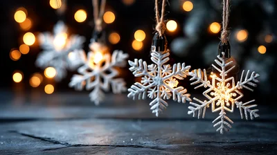 Glowing Snowflake Christmas Ornaments Hanging Against Bokeh Lights