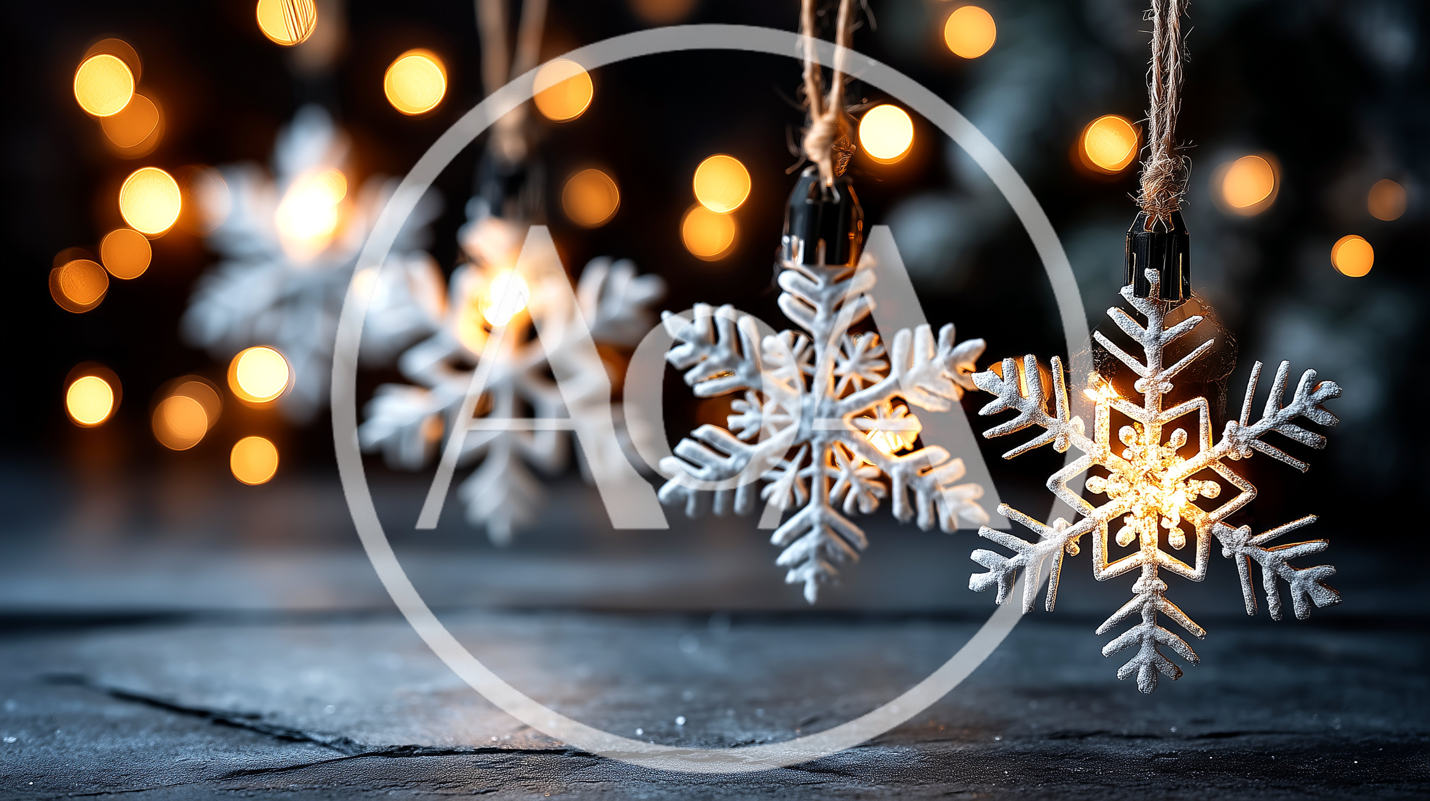 Glowing Snowflake Christmas Ornaments Hanging Against Bokeh Lights