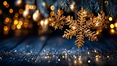 Golden Snowflake Ornaments Hanging on Christmas Tree