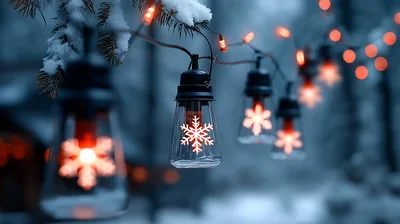 Snowy Pine Branch With Glowing Snowflake Lantern Lights