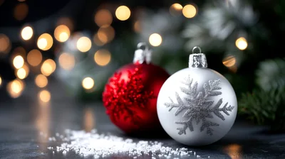 Red and Silver Christmas Ornaments on Snowy Surface