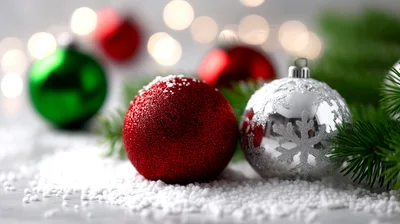 Christmas Ornaments Resting On Artificial Snow