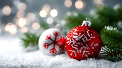 Red And White Christmas Ornaments On Snowy Pine Branches