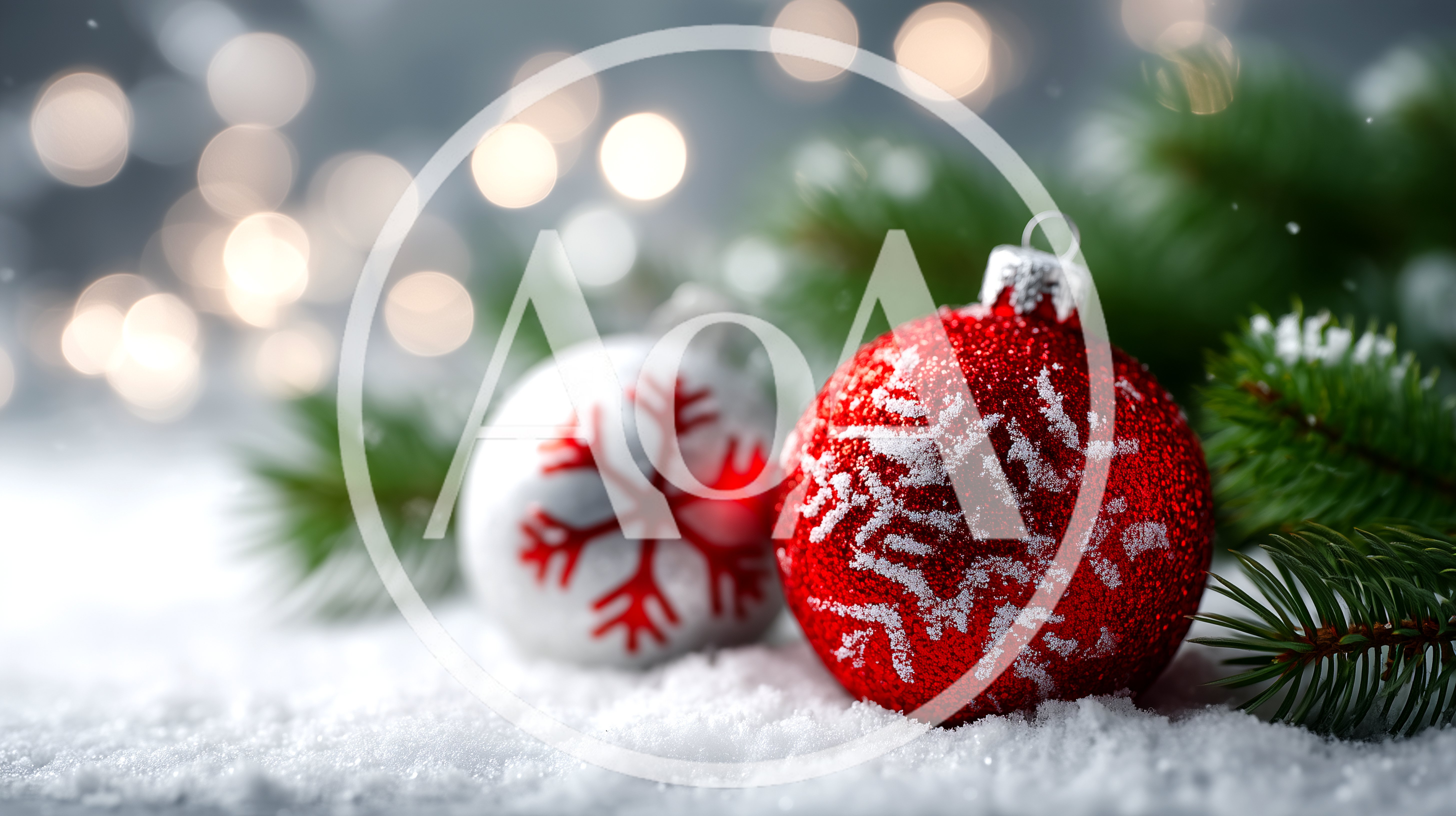 Red And White Christmas Ornaments On Snowy Pine Branches