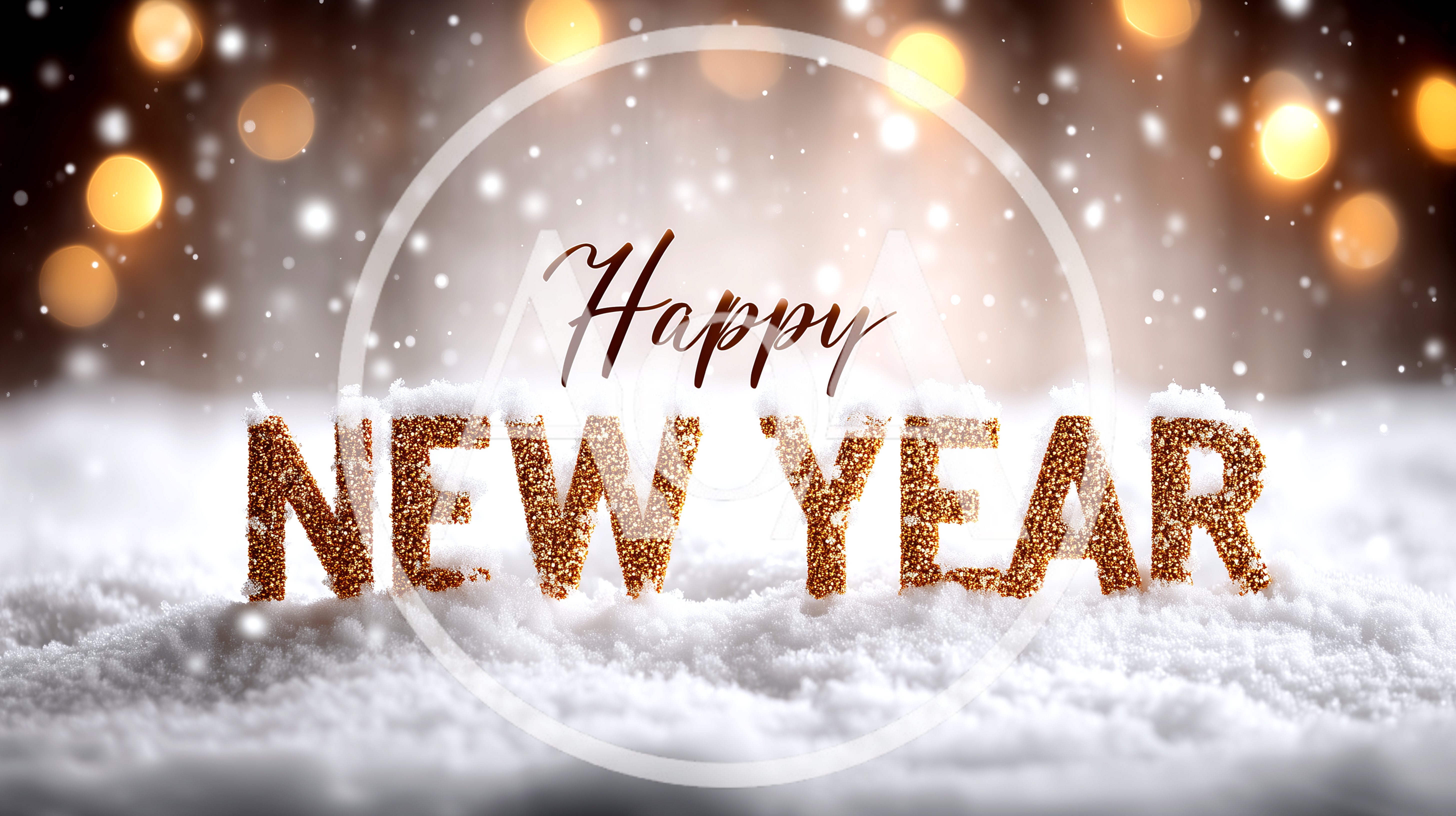 Golden Happy New Year Text On Snowy Background
