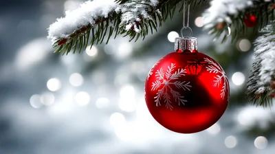Red Christmas Ornament Hanging On Snowy Pine Branch