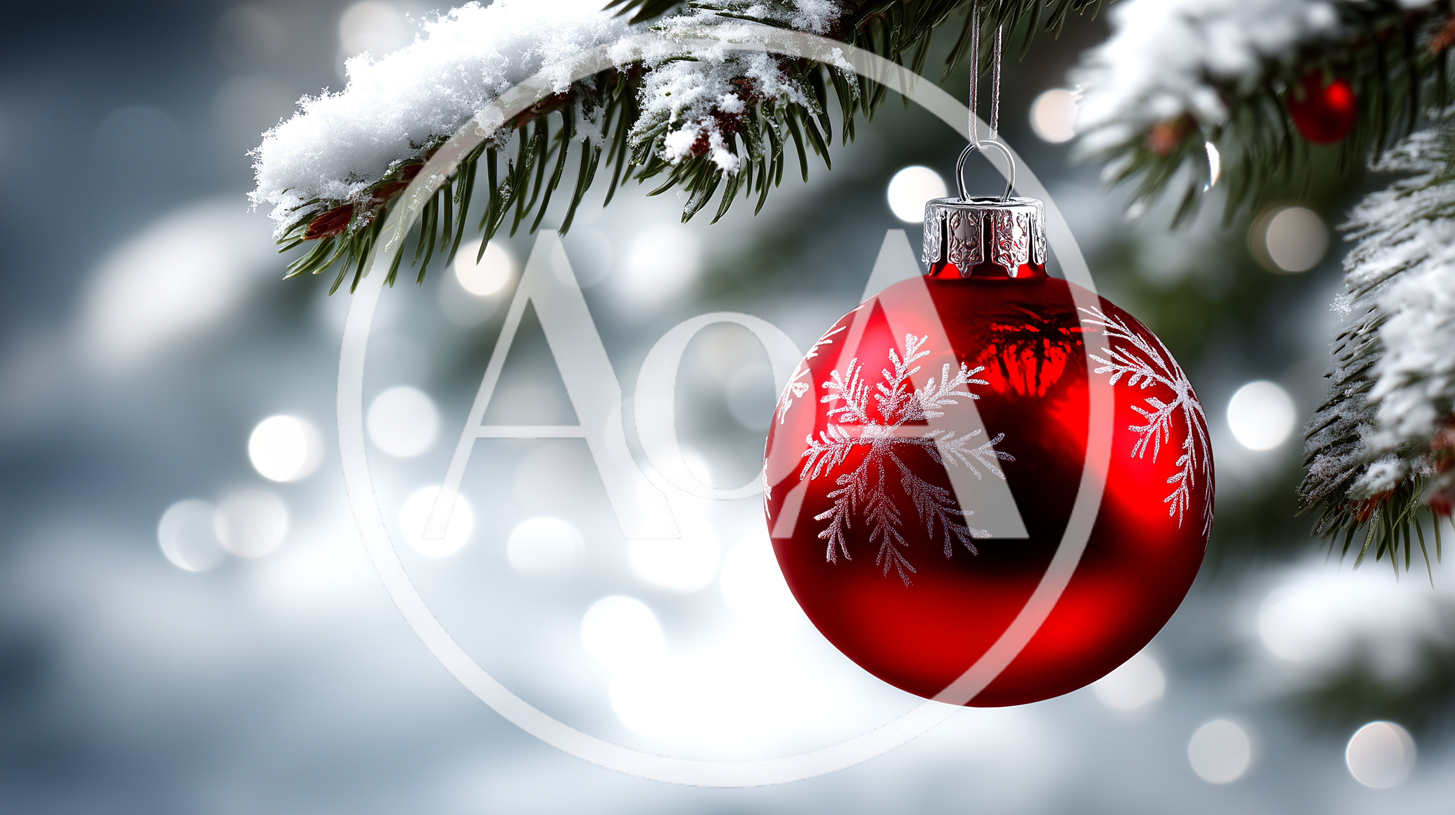 Red Christmas Ornament Hanging On Snowy Pine Branch
