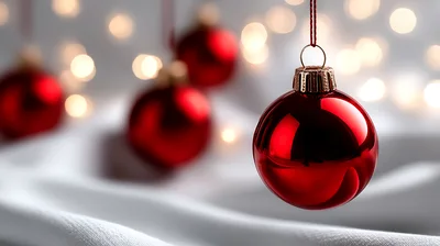 Red Christmas Ornament Hanging Over White Fabric