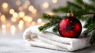 Red Christmas Ornament On White Knitted Blanket