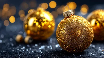 Golden Glitter Christmas Ornaments On Dark Surface