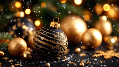 Black and Gold Christmas Ornaments with Falling Snow
