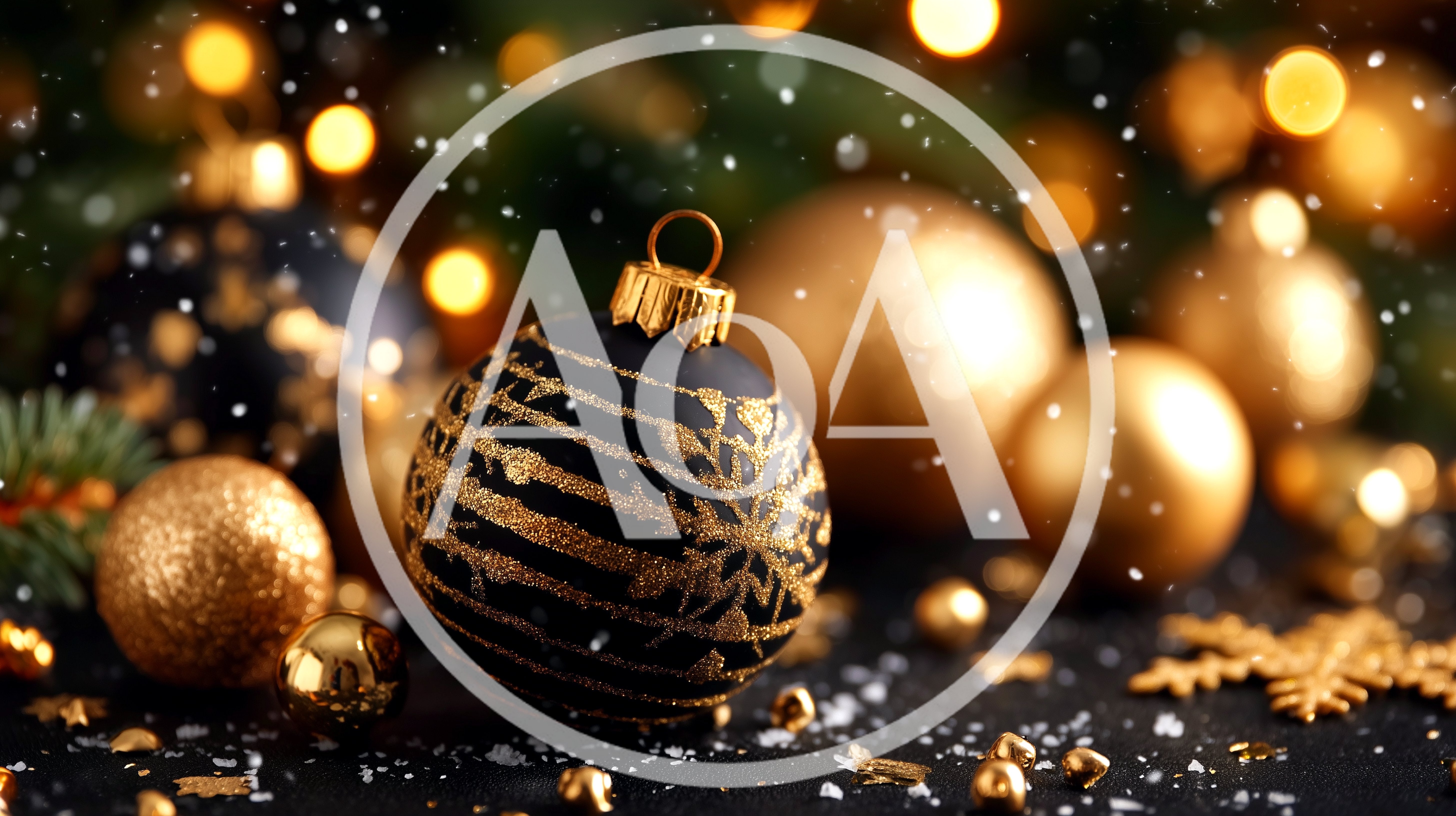 Black and Gold Christmas Ornaments with Falling Snow