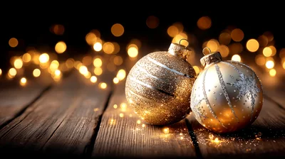 Two Golden Christmas Ornaments on Rustic Wooden Surface