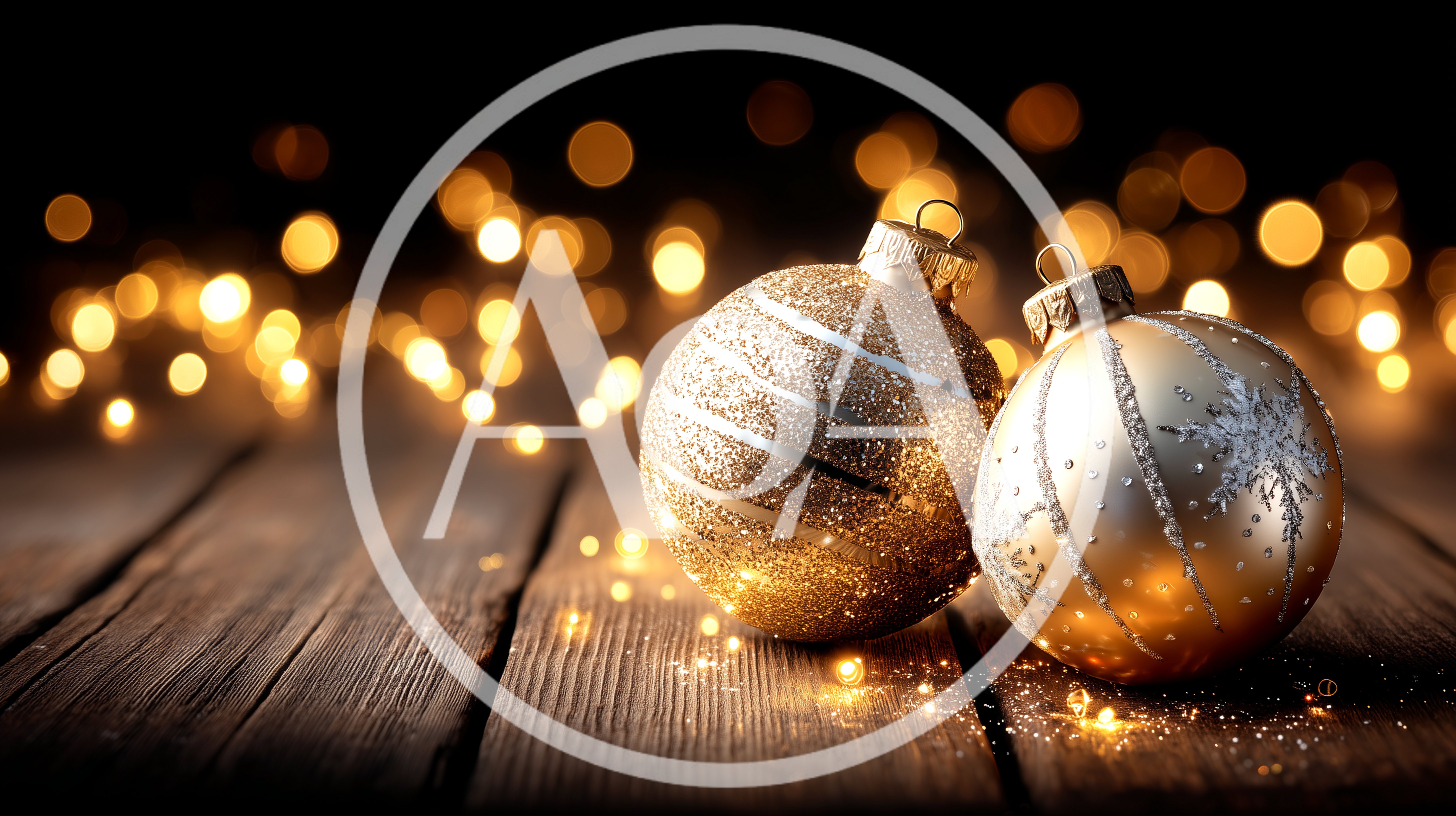 Two Golden Christmas Ornaments on Rustic Wooden Surface