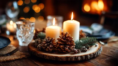 Christmas Table Centerpiece With Candles And Pinecones