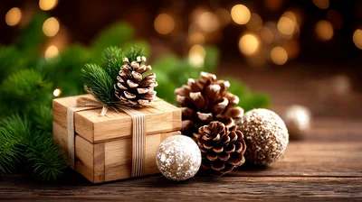 Wooden Gift Box With Pinecones And Christmas Ornaments