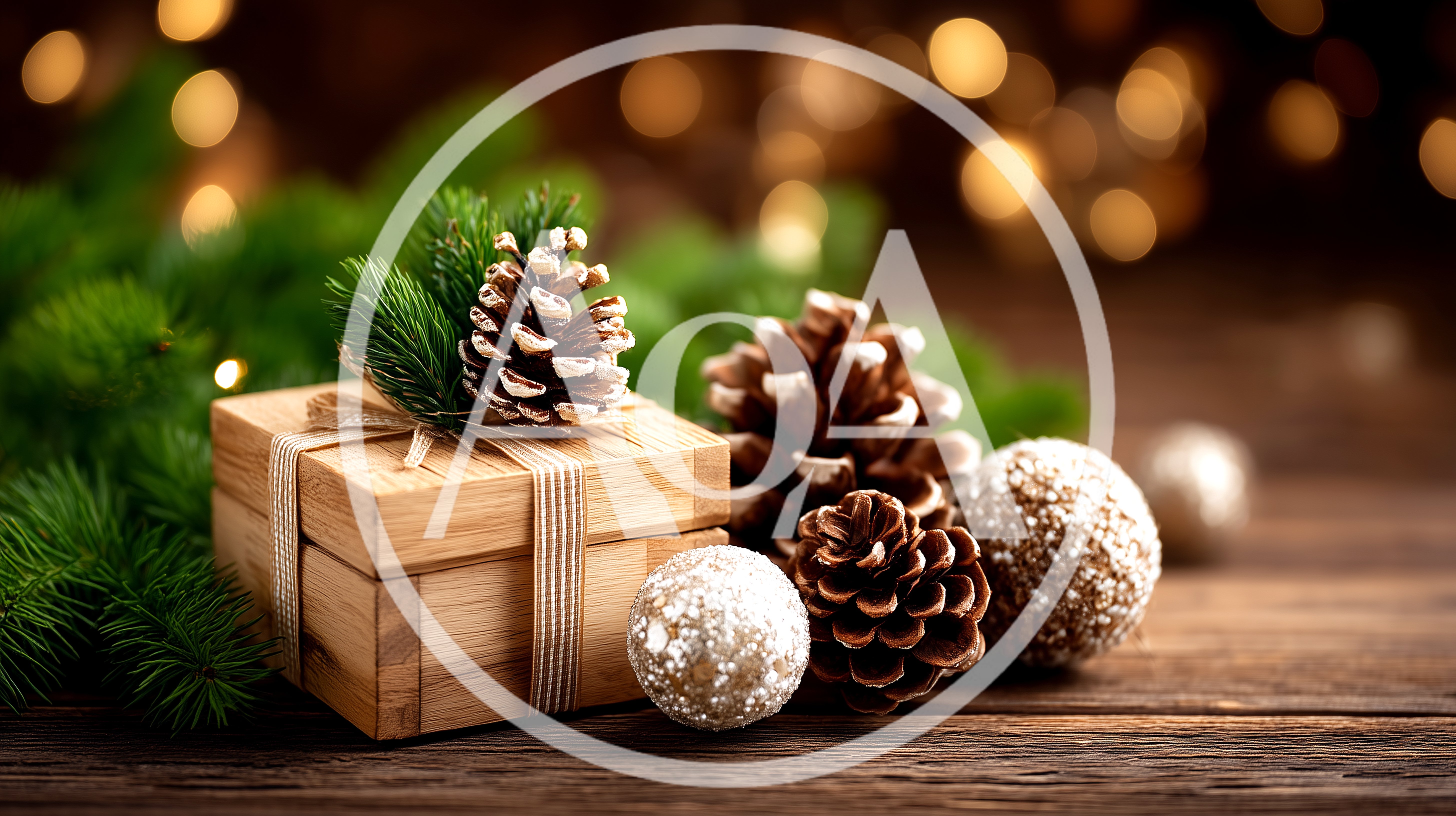 Wooden Gift Box With Pinecones And Christmas Ornaments