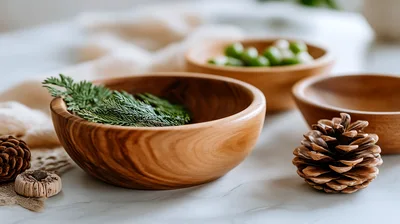 Wooden Bowls With Pine Cones And Greenery