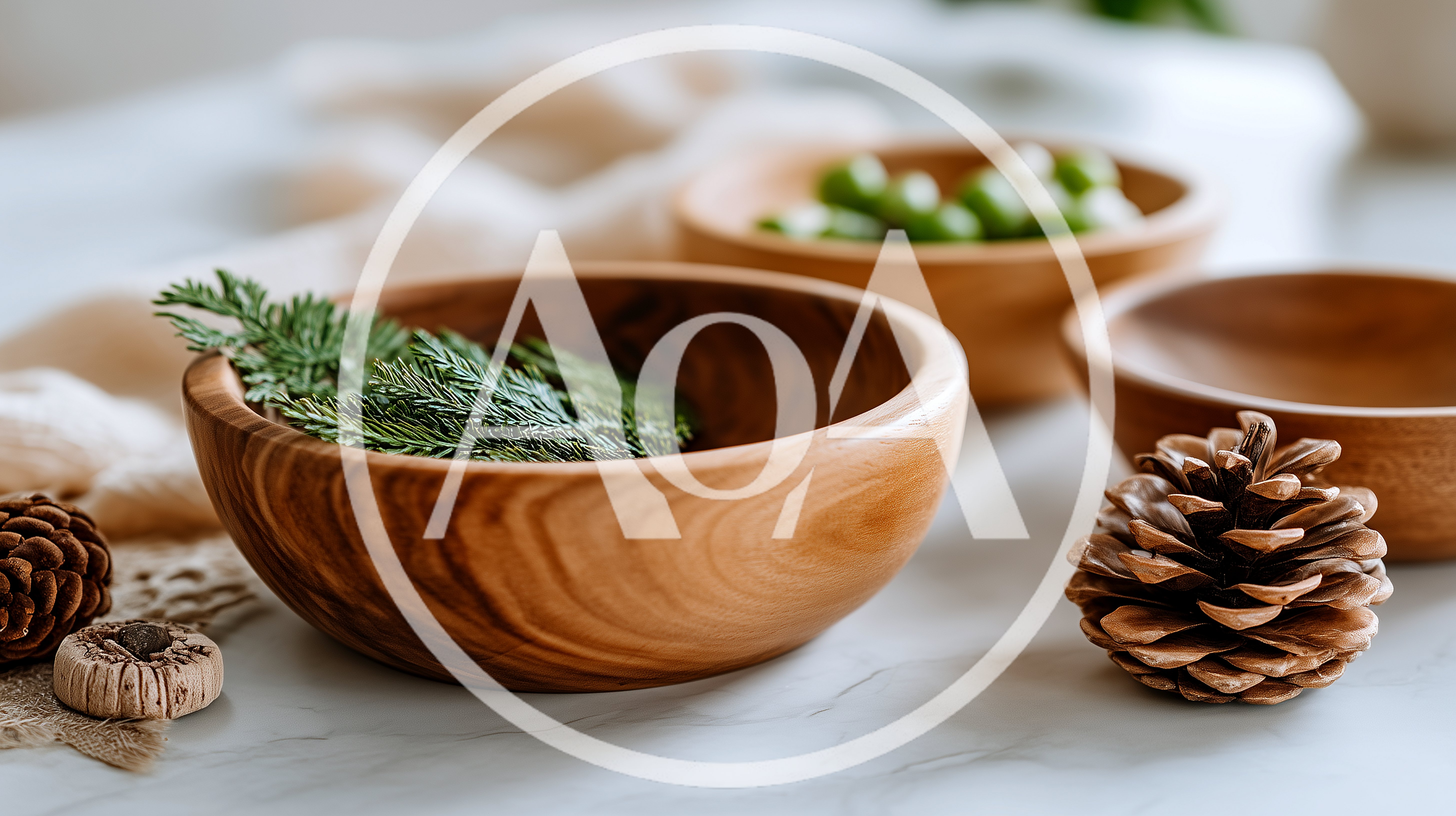 Wooden Bowls With Pine Cones And Greenery