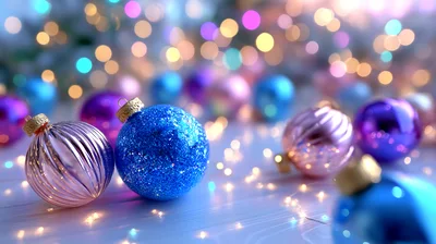 Glittering Blue And Pink Christmas Ornaments On Wooden Surface