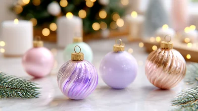 Pastel Christmas Ornaments On A Marble Surface