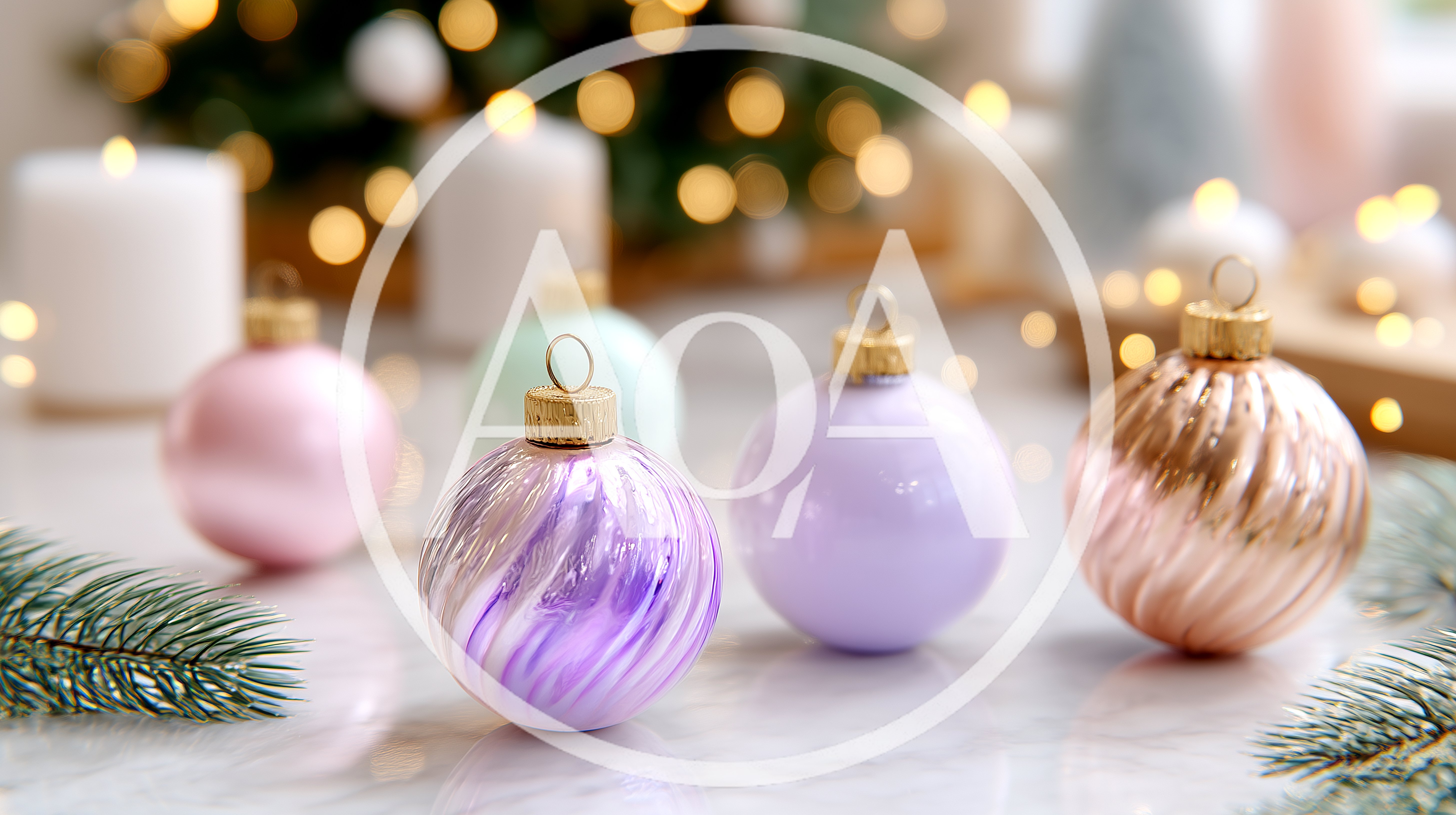 Pastel Christmas Ornaments On A Marble Surface