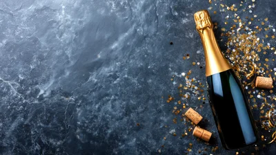Champagne Bottle With Gold Confetti On Dark Marble