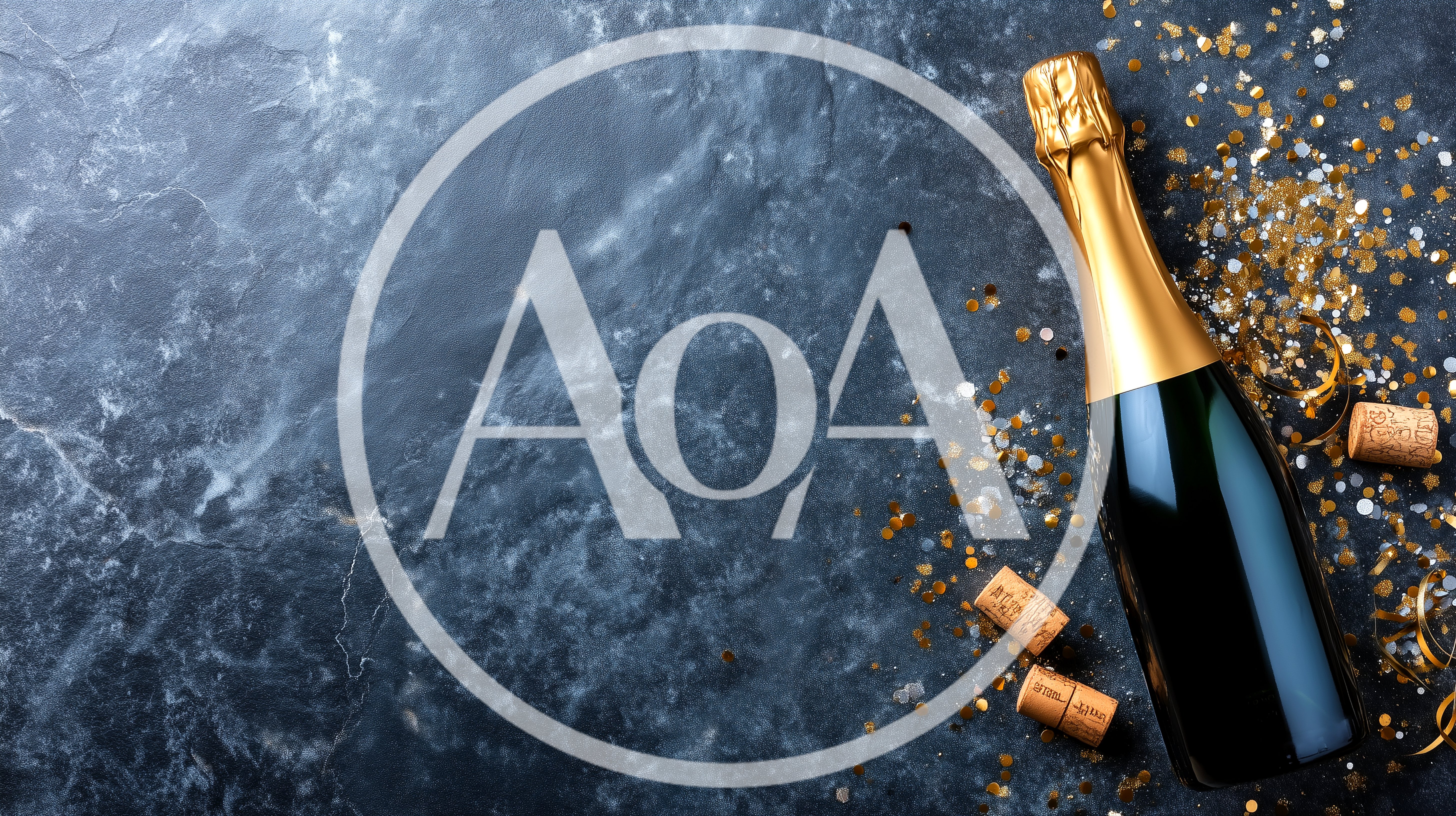 Champagne Bottle With Gold Confetti On Dark Marble