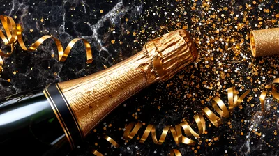 Champagne Bottle With Gold Confetti On Marble Surface