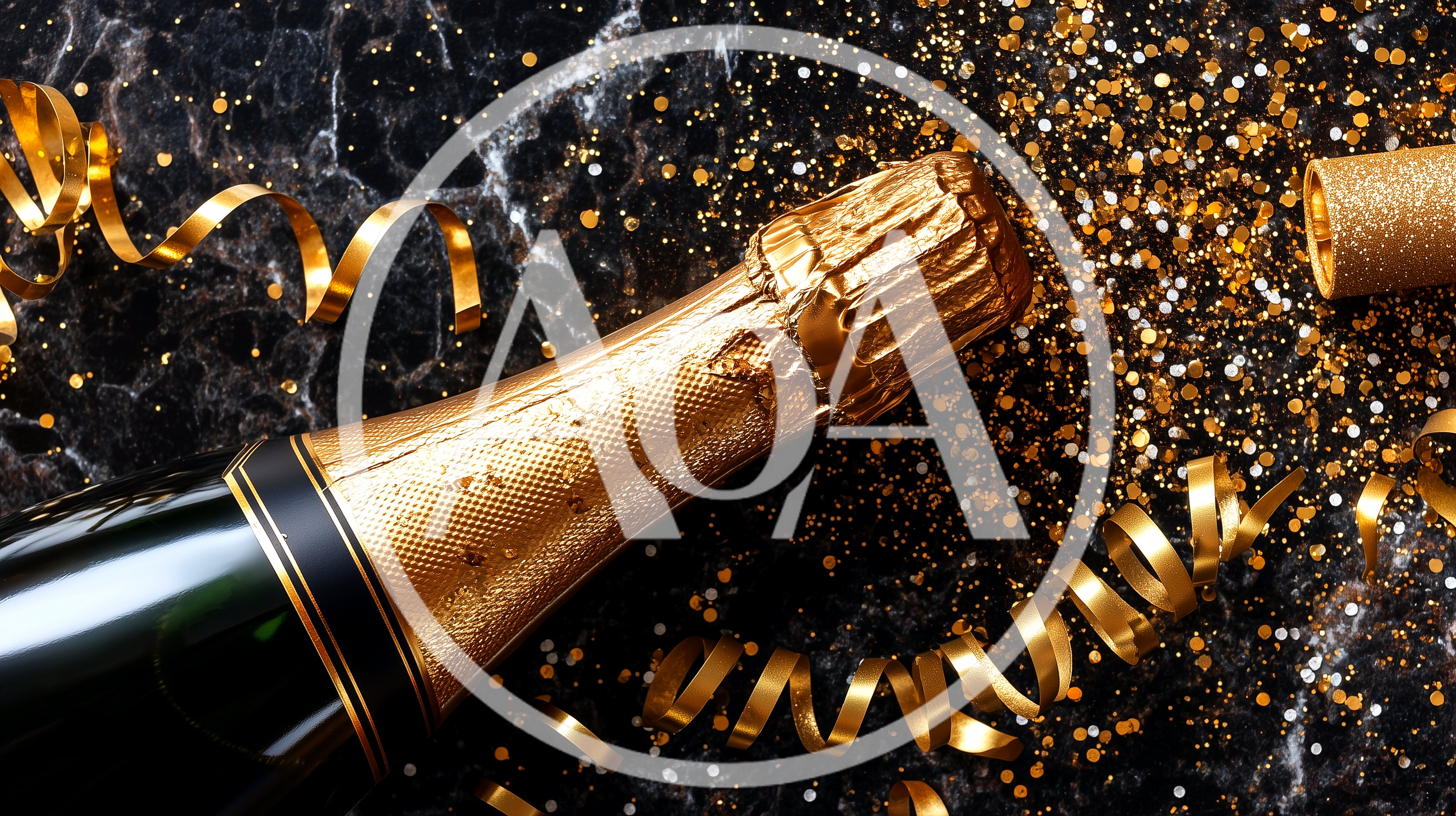 Champagne Bottle With Gold Confetti On Marble Surface