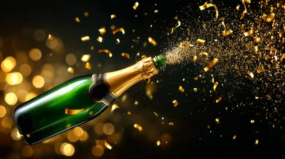 Champagne Bottle Popping With Golden Confetti Explosion