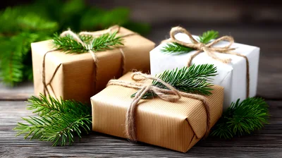 Three Christmas Gift Boxes Wrapped In Brown And White Paper