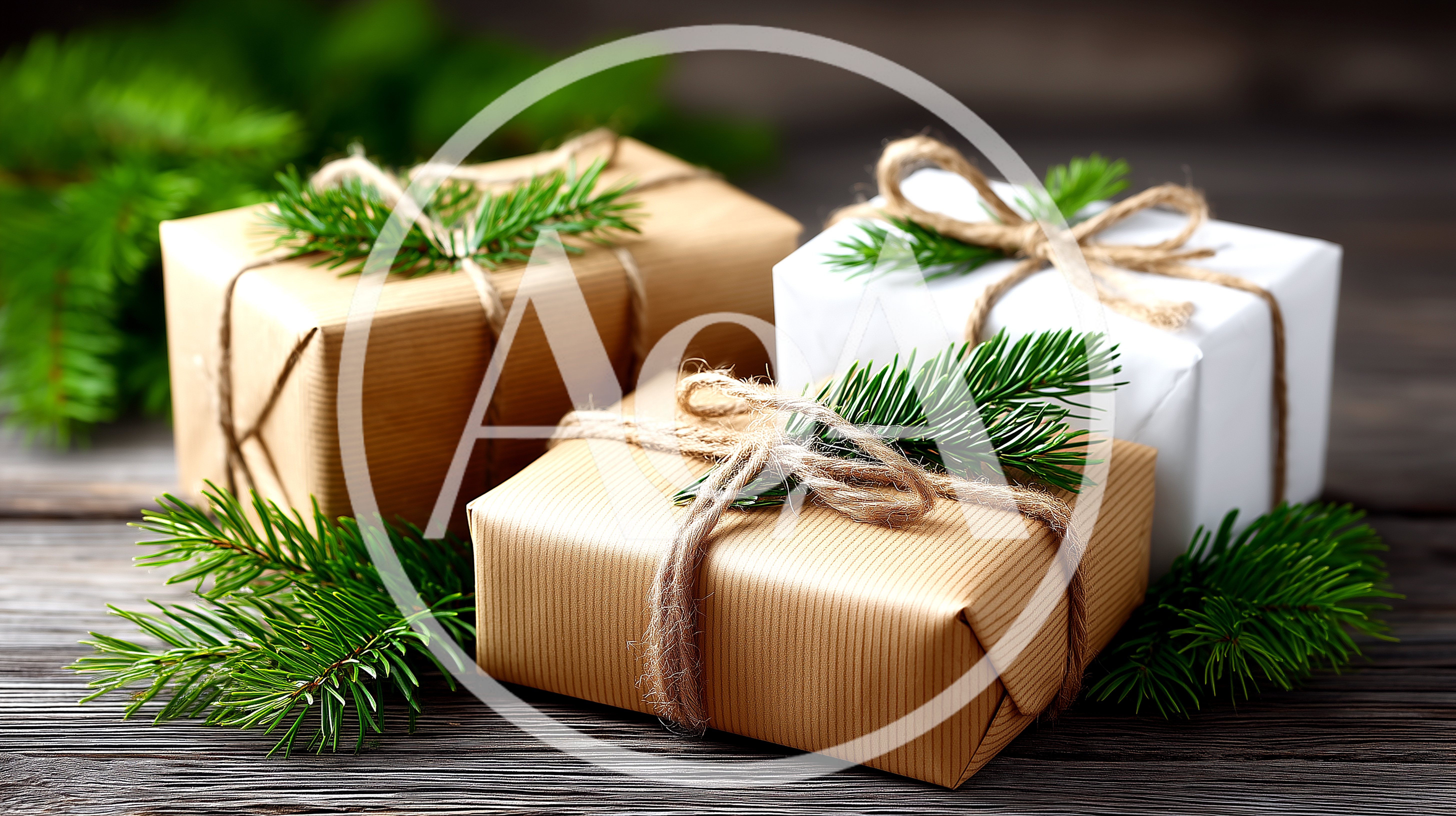 Three Christmas Gift Boxes Wrapped In Brown And White Paper